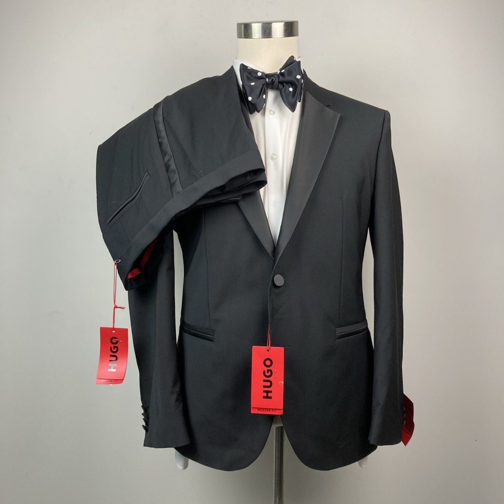 Hugo Boss Mens Slim fit Wool 2 Piece Tuxedo Suit 40S Pants 34x30 Black Solid